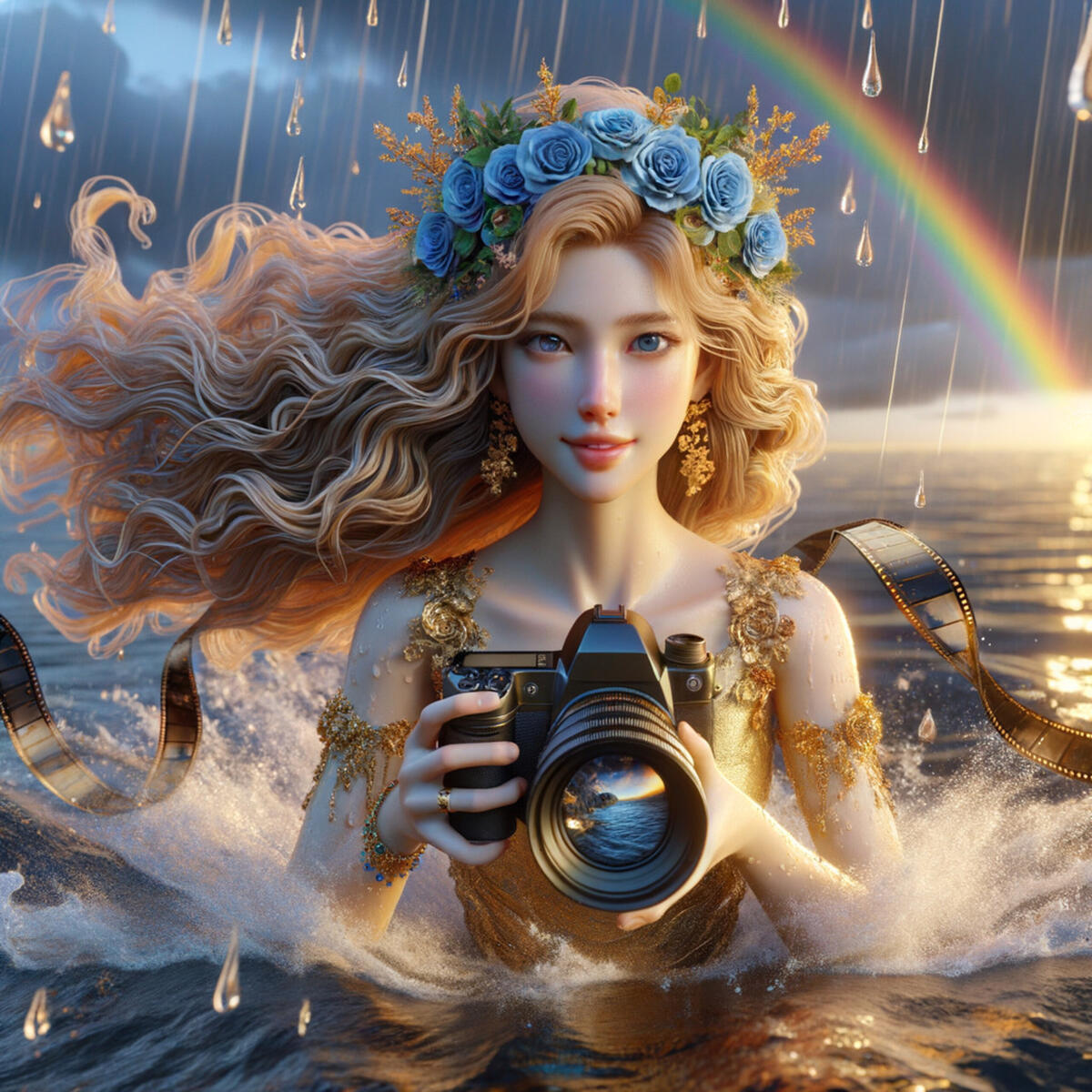 Девушка с камерой в море