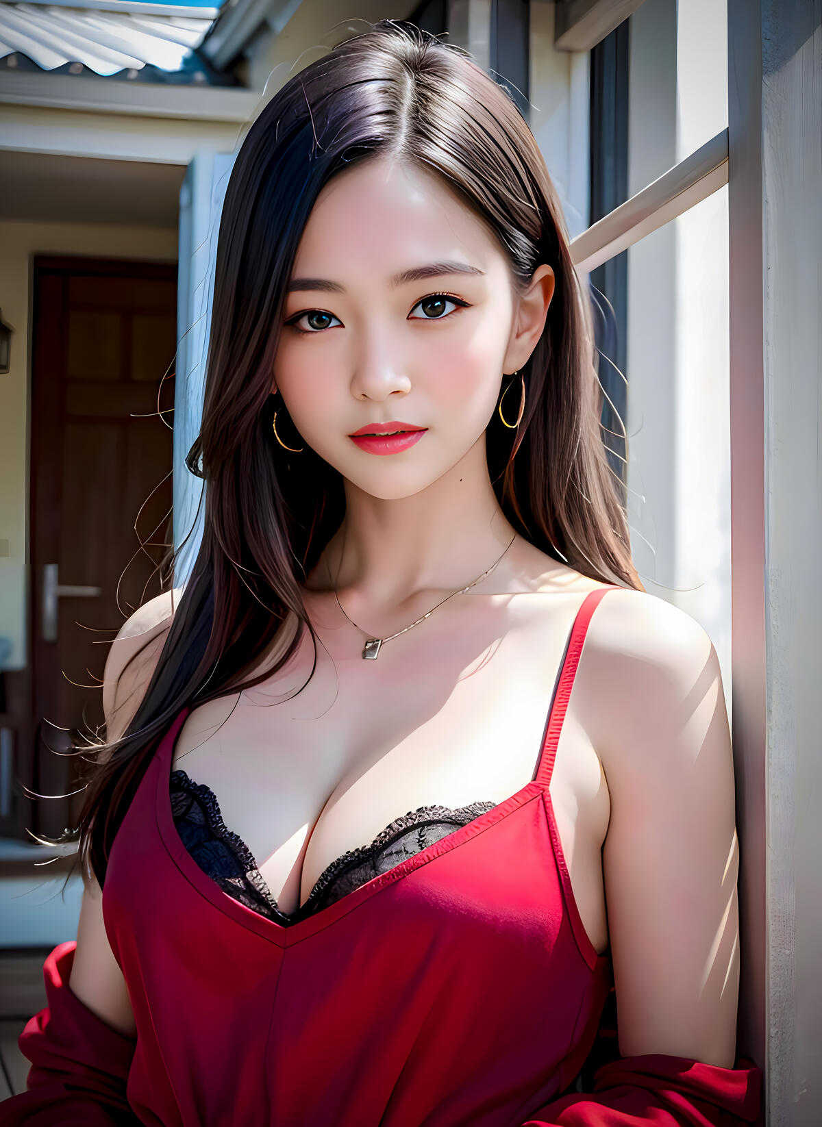 Asian girl in a red dress and black bra