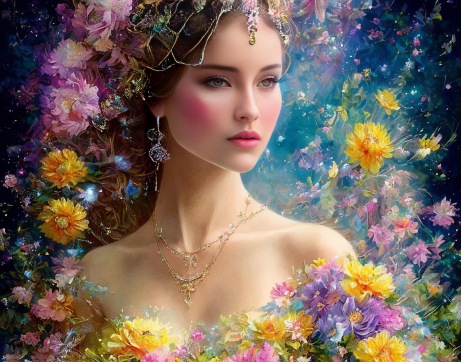 Free photo Drawing of a beautiful green-eyed girl in flowers