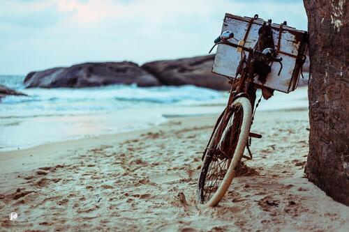 The bike is on the beach