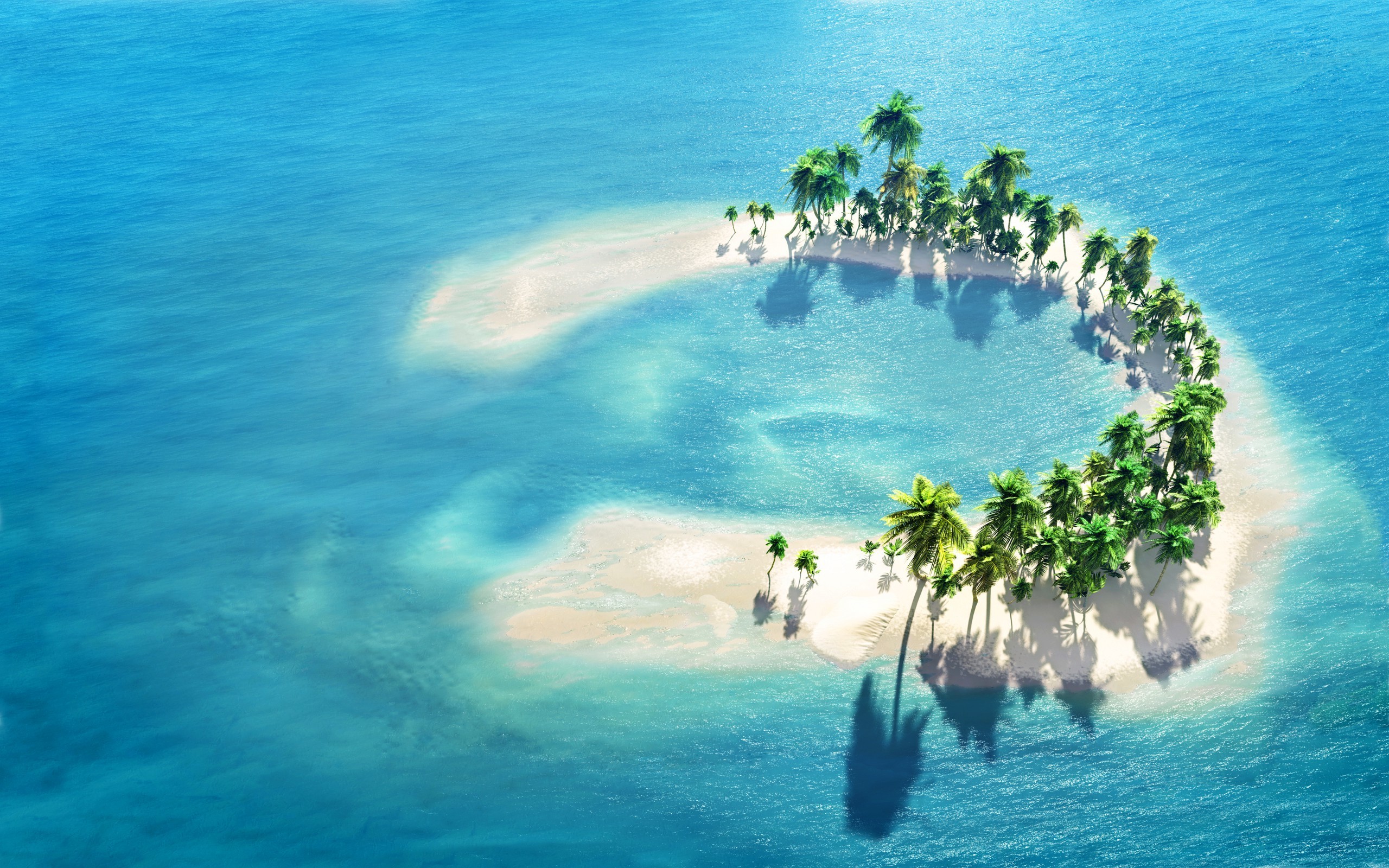 An island with palm trees in the shape of a horseshoe
