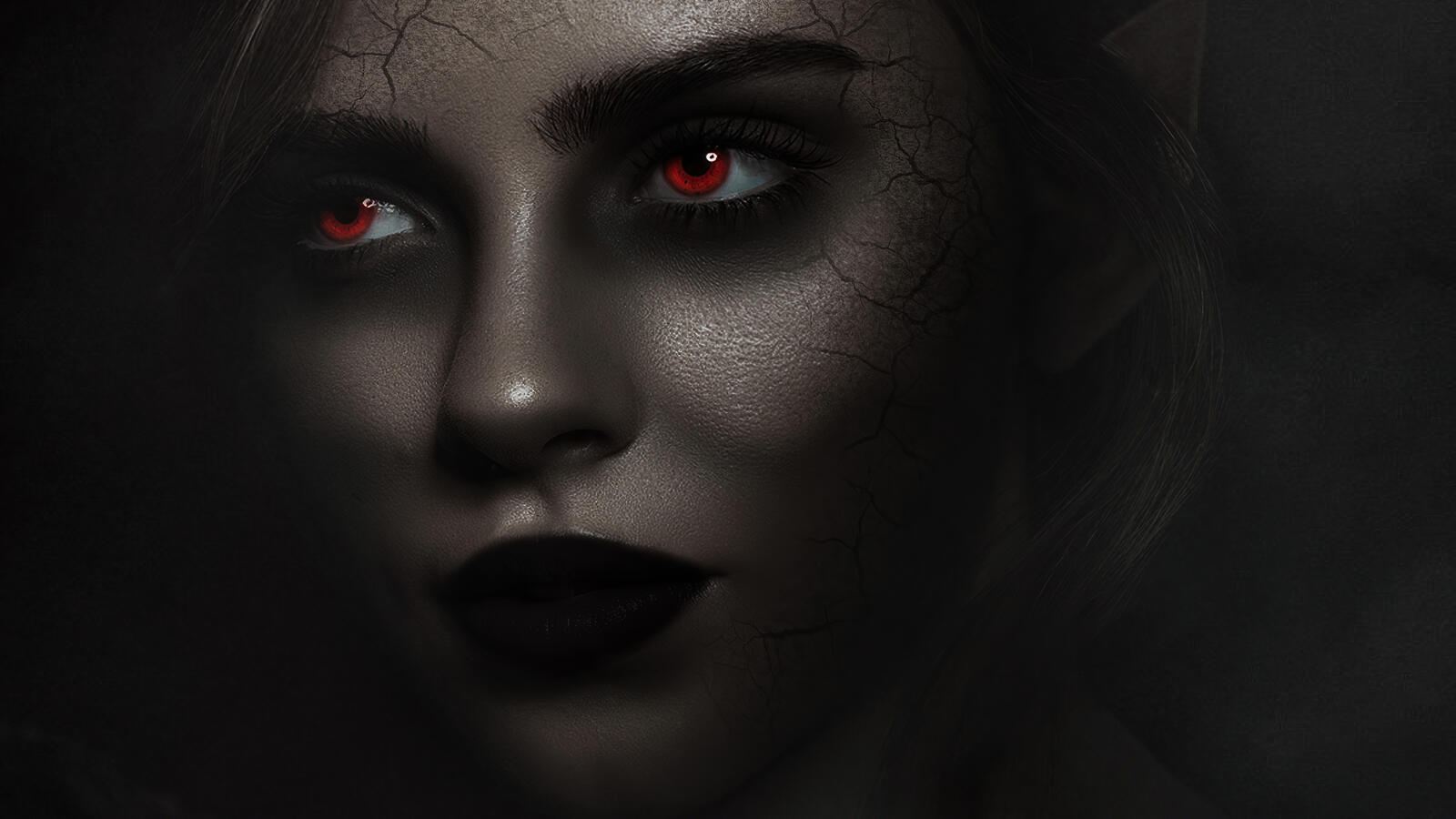 Бесплатное фото Рендеринг девушки с красными глазами на темном фоне
