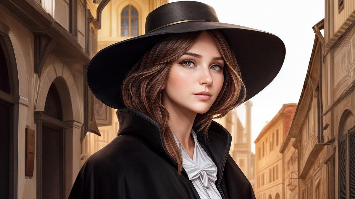 A girl in a hat and cloak on the street of the old town