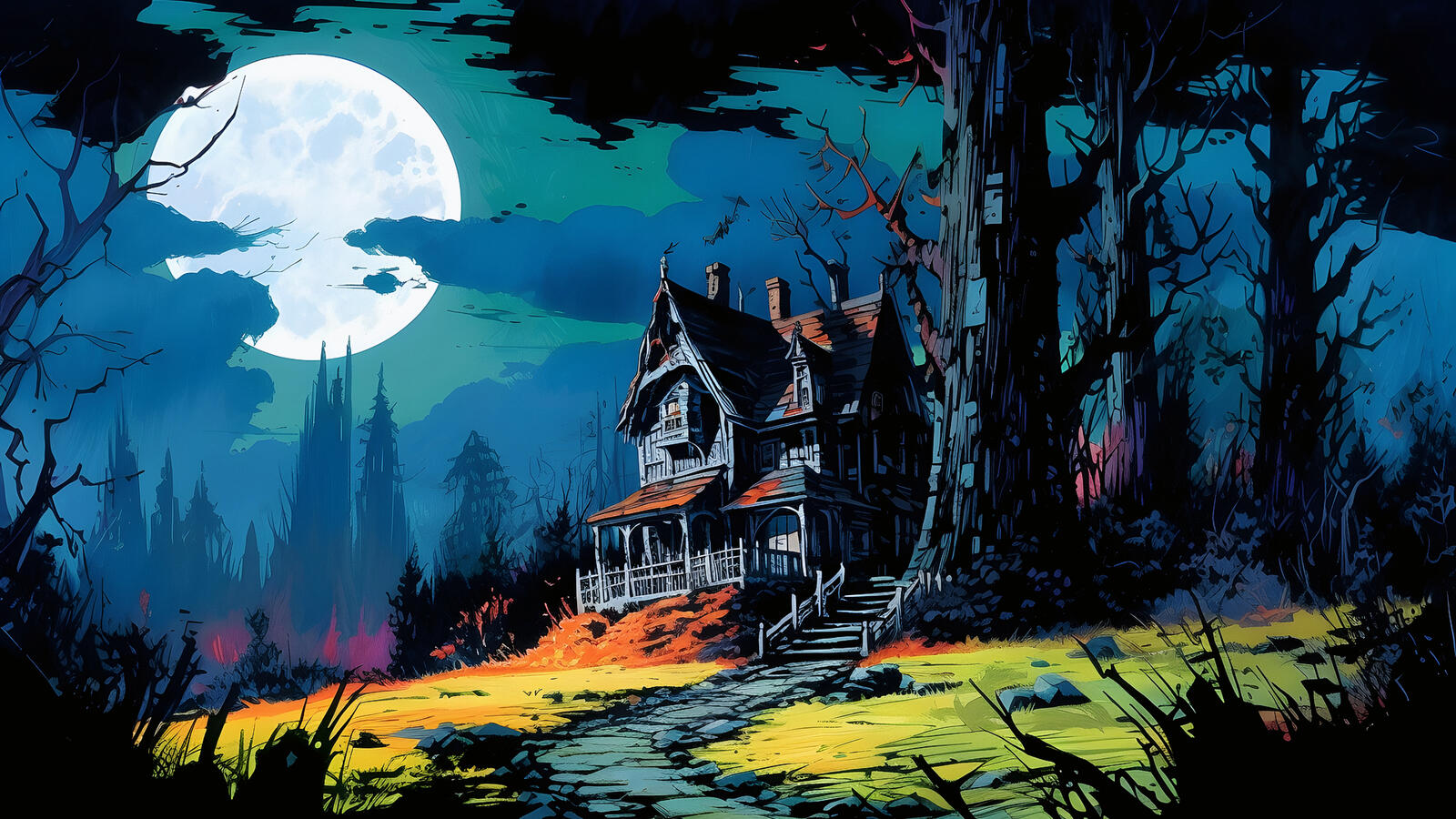 免费照片树林中可怕的老房子和一个巨大的月亮