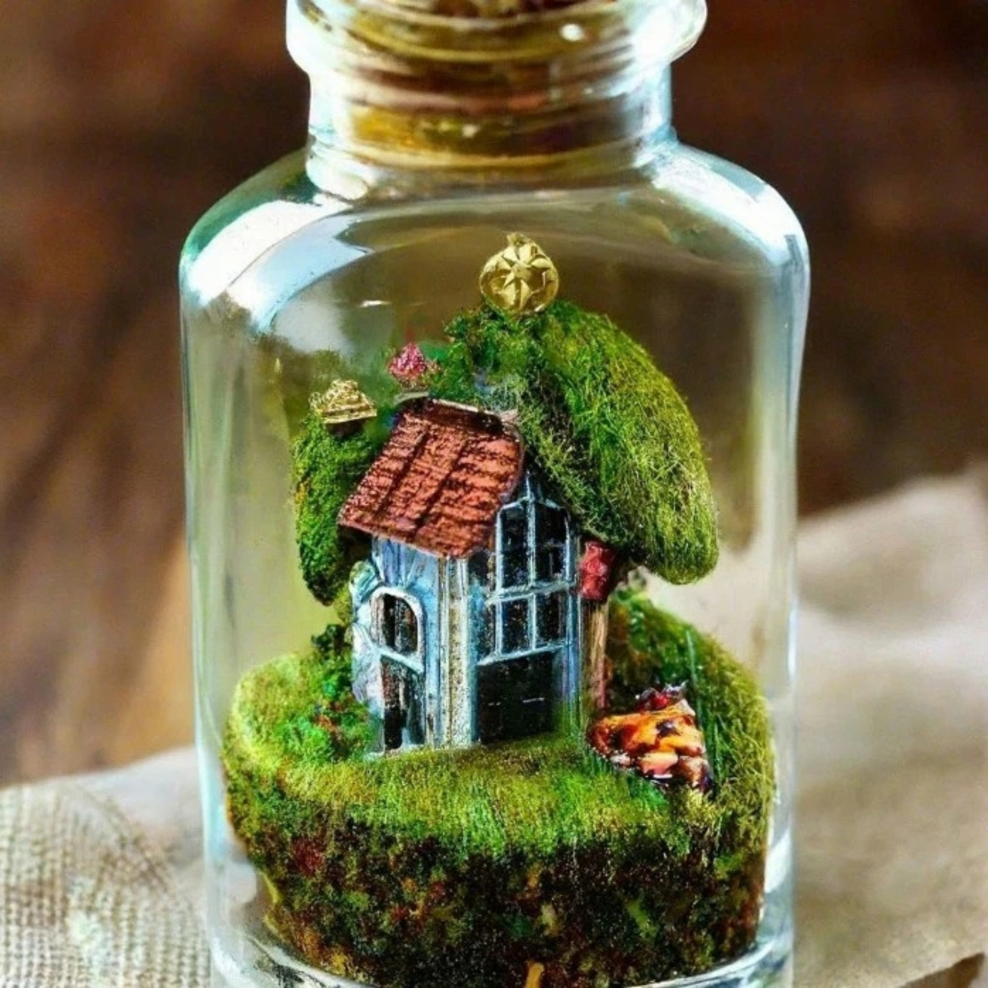 A small decorative house in a bottle