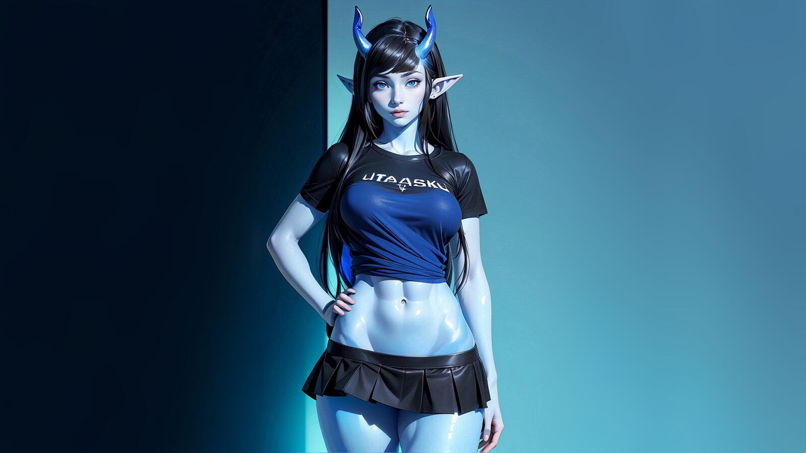 Бесплатное фото Девушка демон стоит на голубом фоне