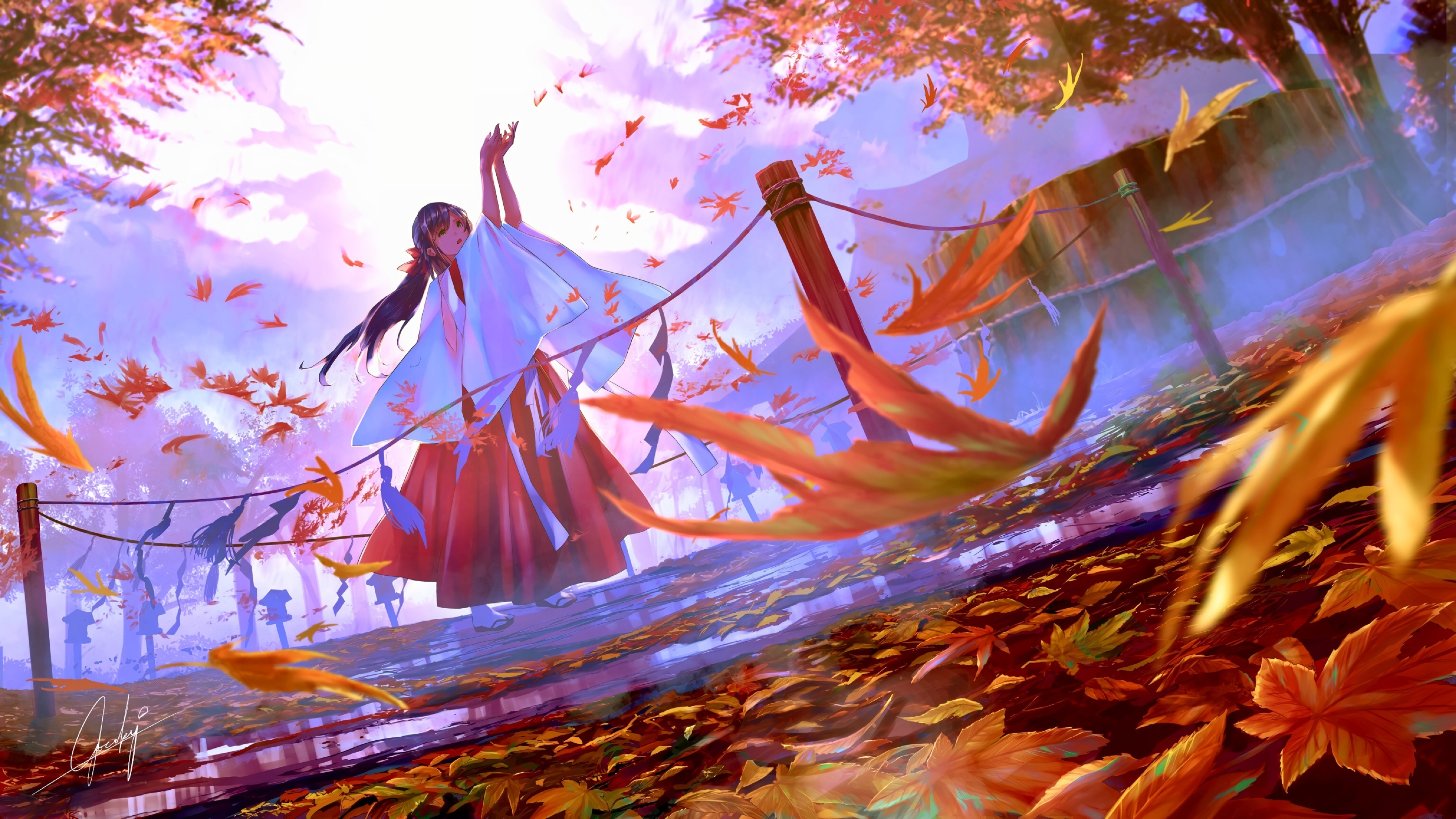 Фото осень, храм, аниме девушка, пейзаж, Wallpaper Miko, разное - бесплатные картинки на Fonwall