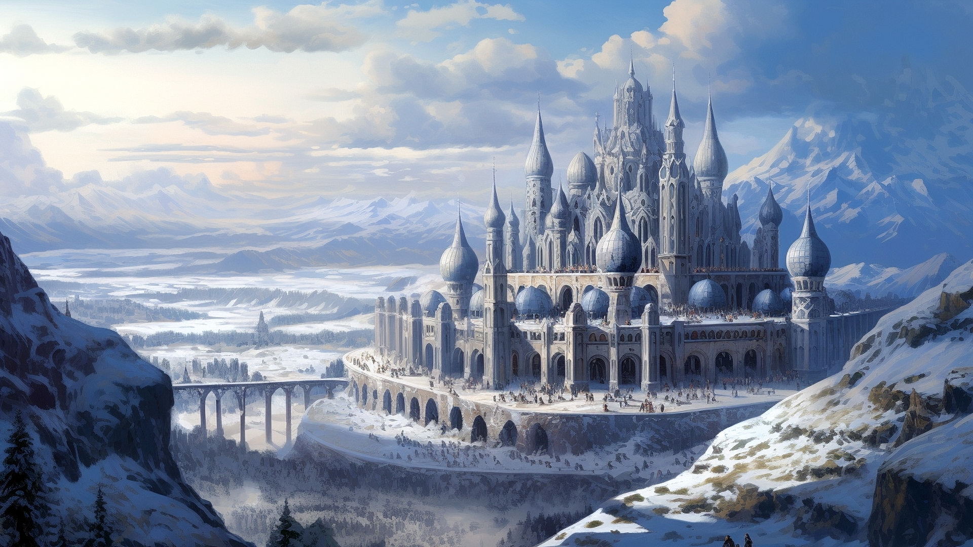 一幅雪中梦幻城市的图画