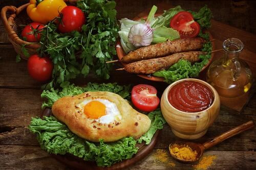 Delicious meal with tomatoes and bread and egg