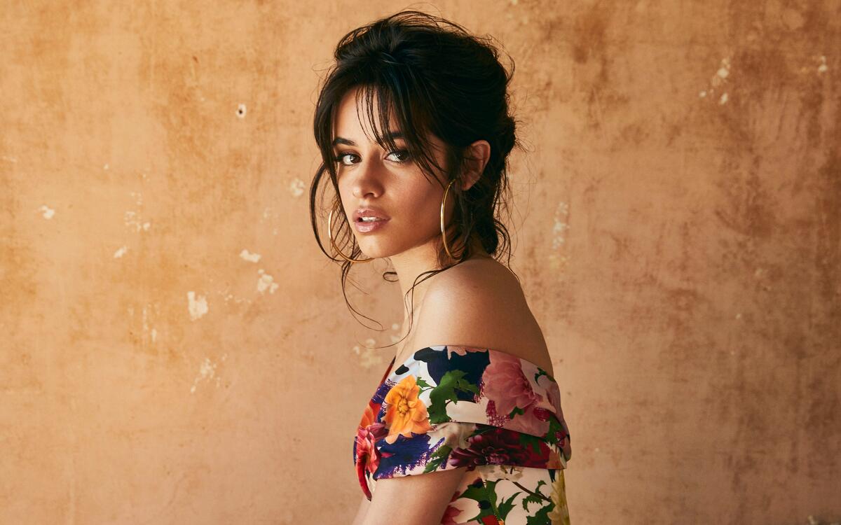 Camila Cabello in a dress against the wall