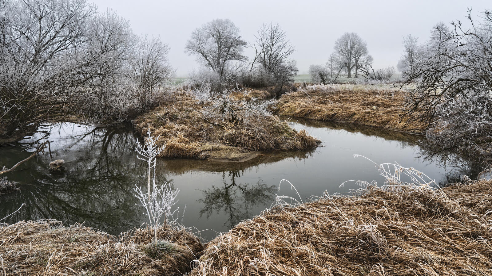 Free photo A winding river with banks covered in frost.