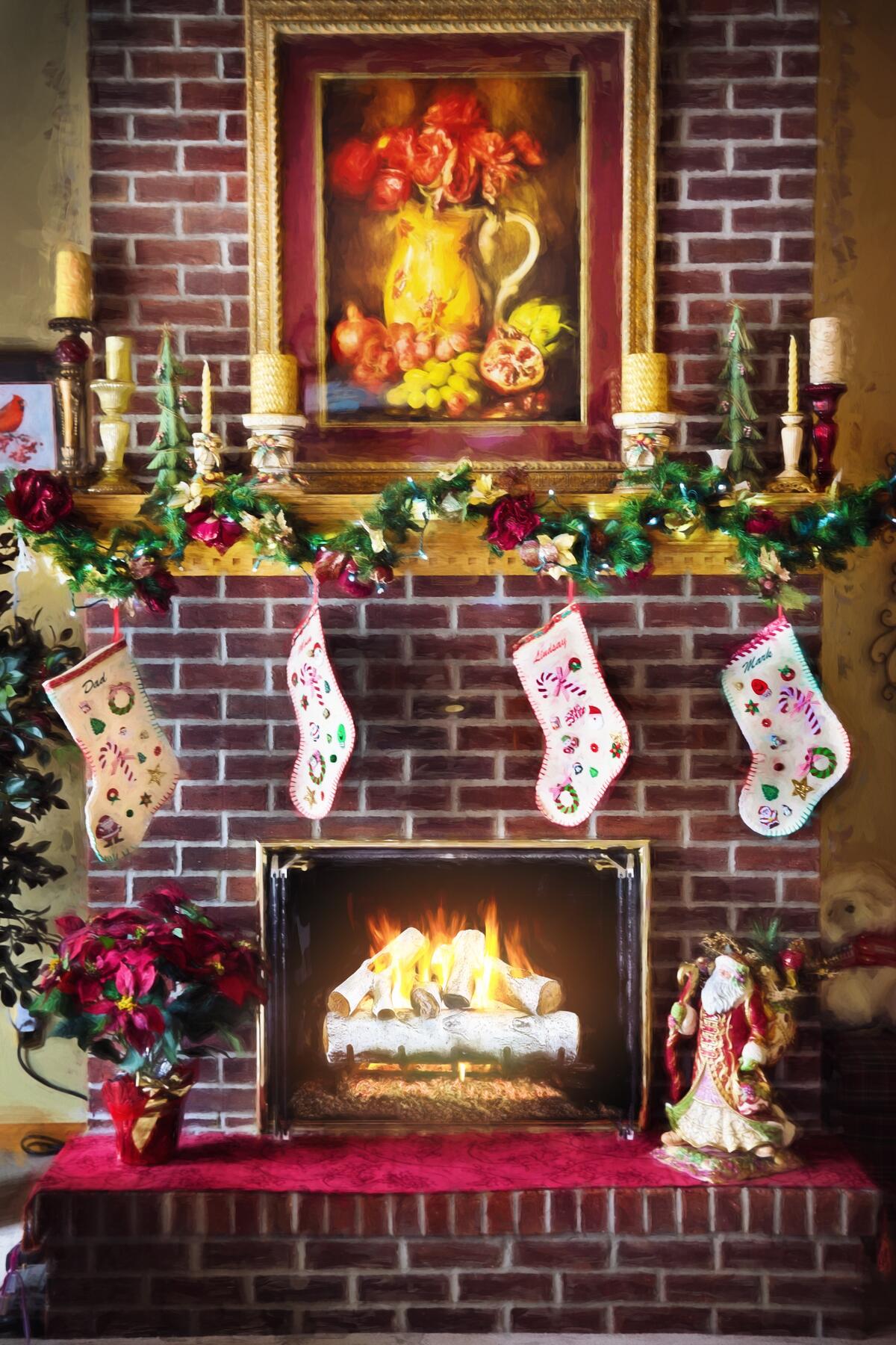 A fireplace decorated for the new year