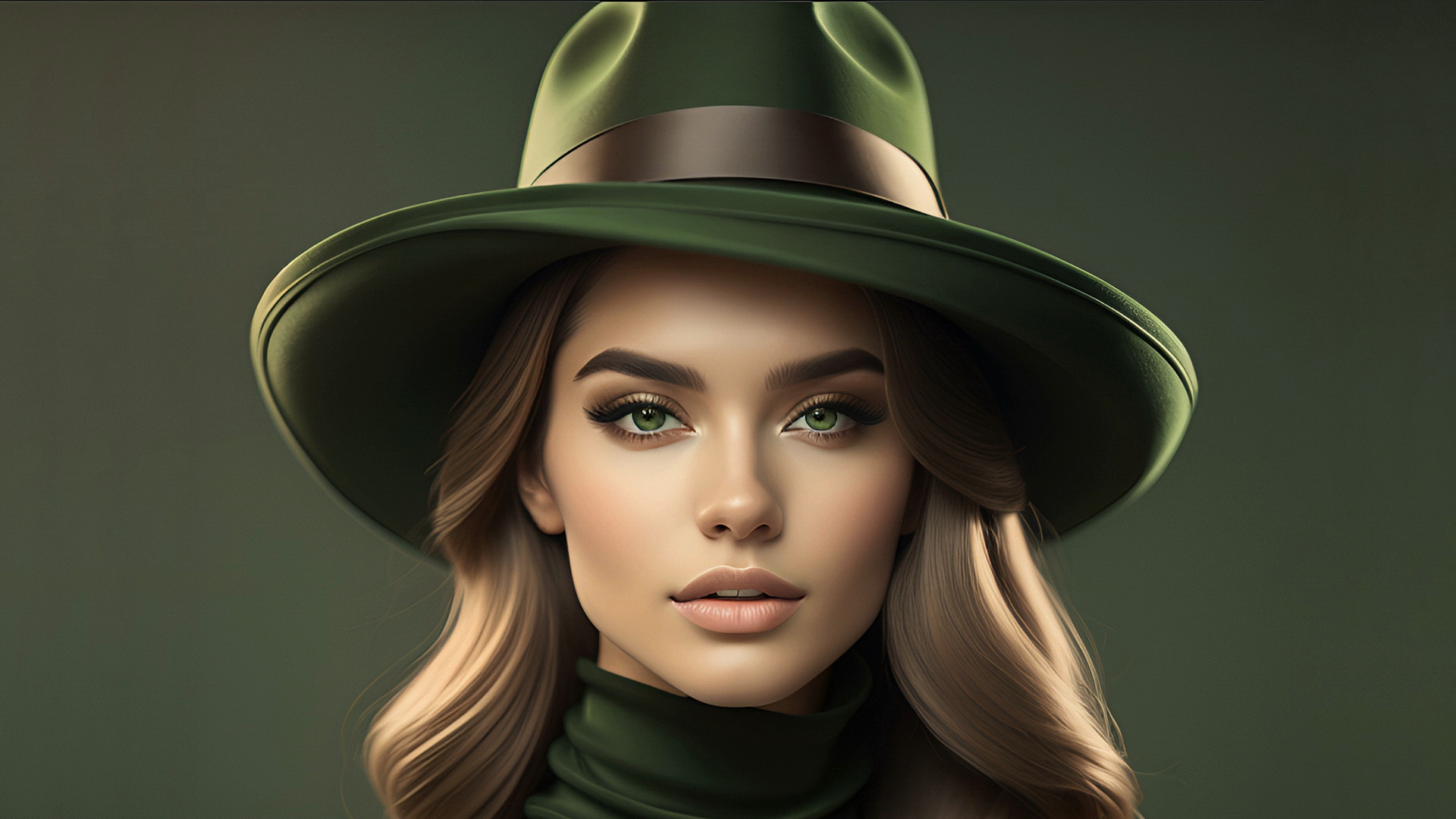 Портрет девушки шатенки в шляпе на зеленом фоне