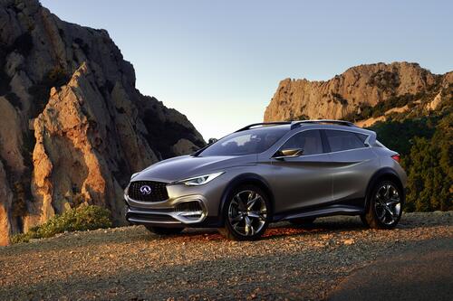 Silver Infiniti Q30 crossover in the mountains