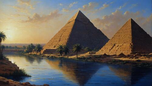A painting of pyramids next to a body of water