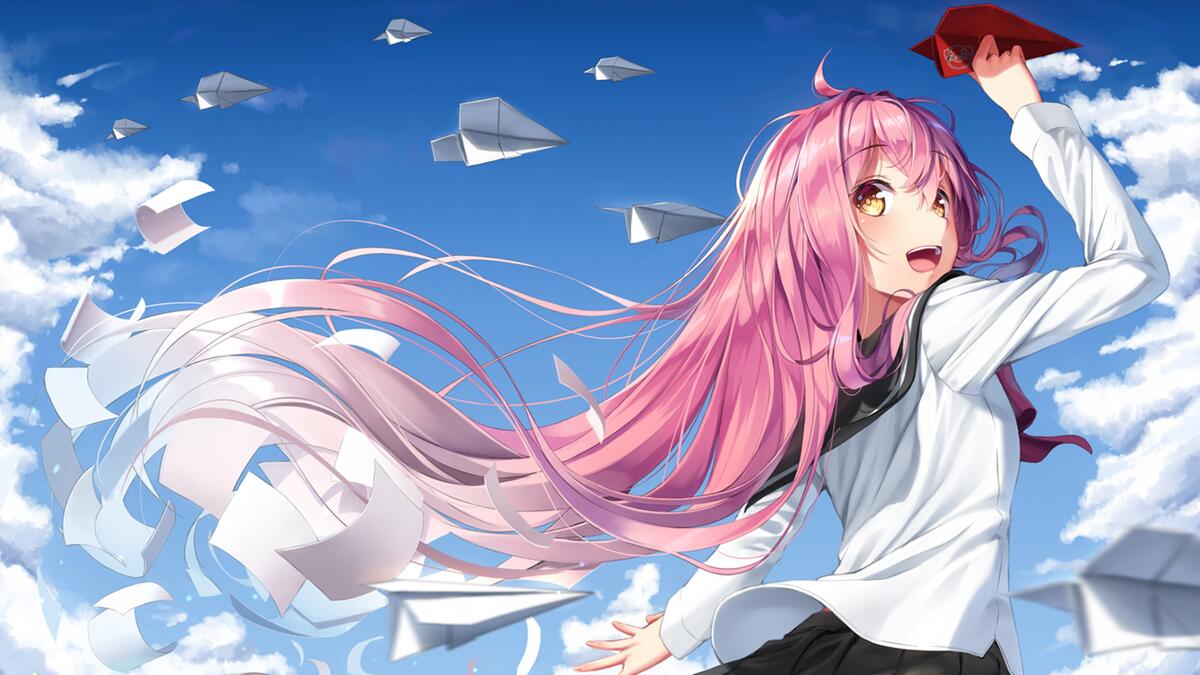 Anime girl flies paper airplanes.