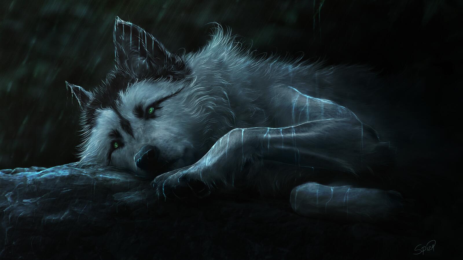 Free photo A drawing of a sad wolf lying in the rain at night.