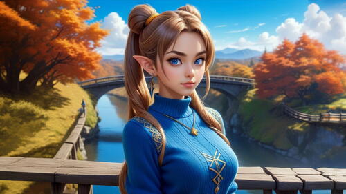 Девушка эльф в голубом свитере стоит на фоне природы