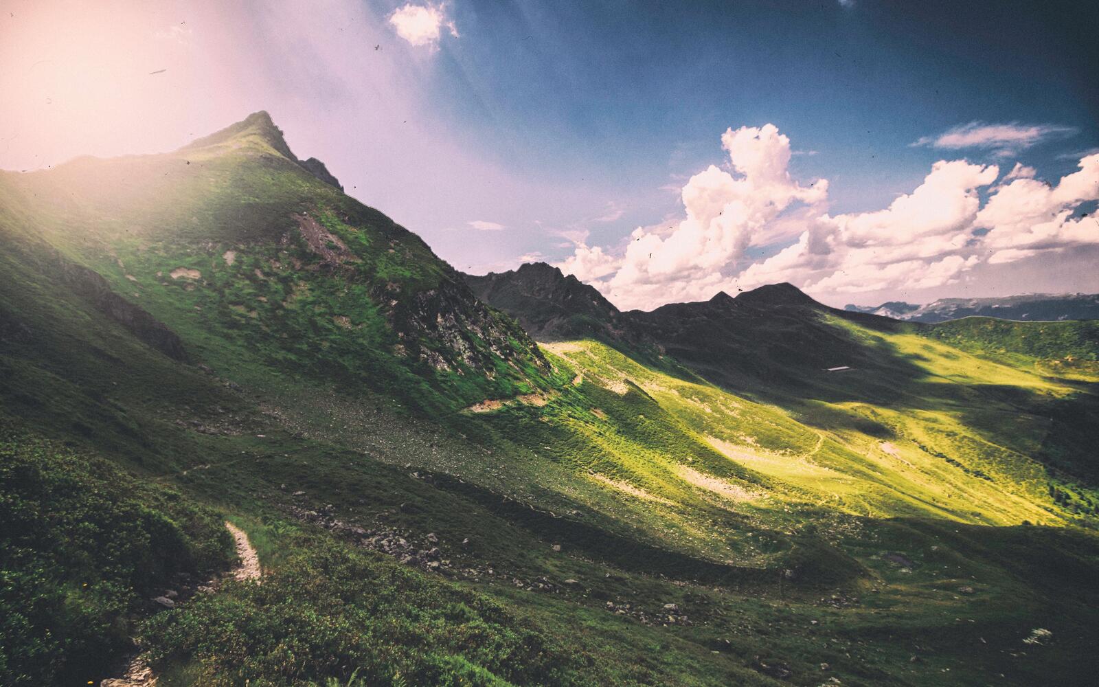 Бесплатное фото Солнечный день в горах с растительностью на склоне