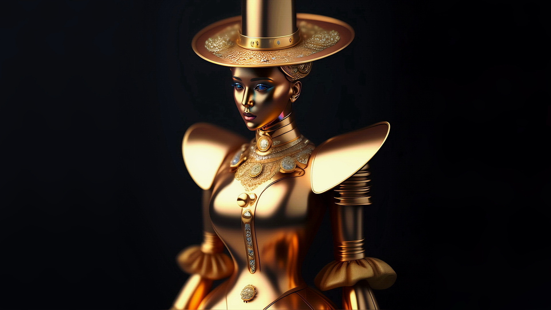Бесплатное фото Золотая девушка робот на черном фоне в шляпе