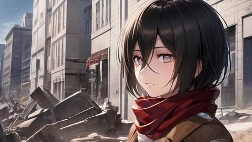 Anime hero Mikasa in a ruined city
