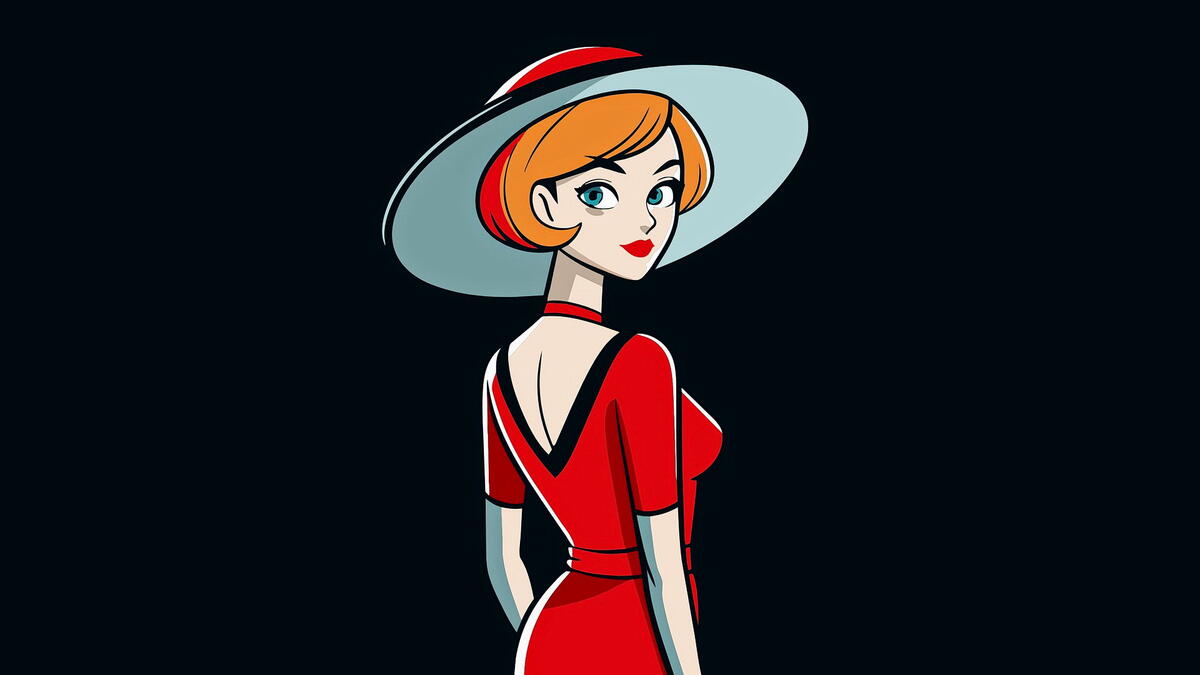 Drawing of a girl in a red dress and hat standing on a black background