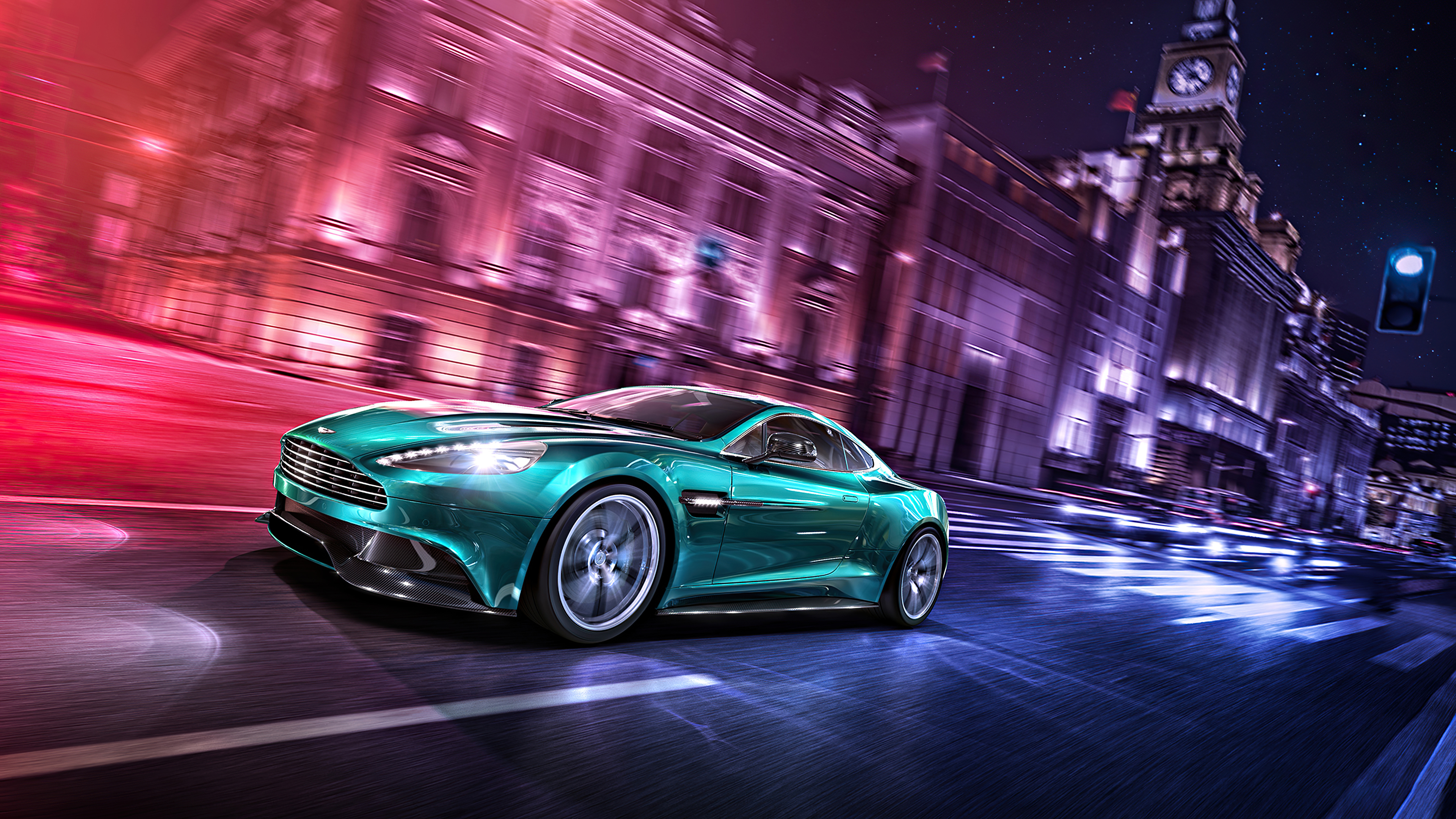 A rendering of a picture of an Aston Martin Vanquish on a city night scene