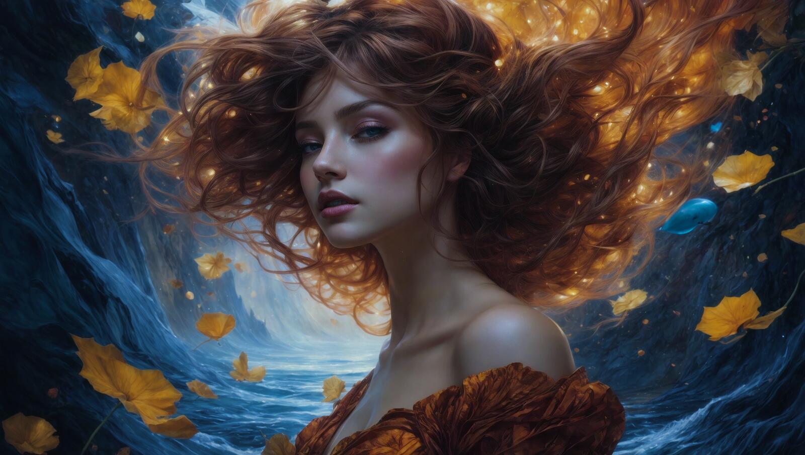 免费照片一幅描绘红发女子的艺术画