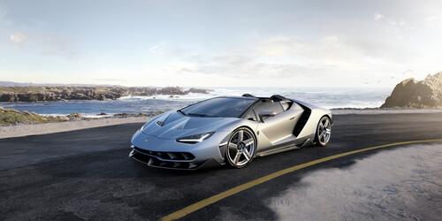Lamborghini aventador roadster against the sea.