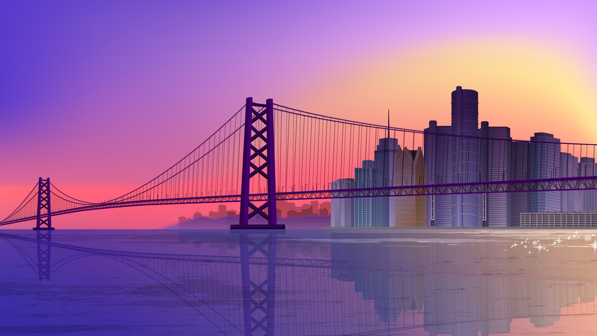 The bridge over the river at sunset in the rendering of the picture