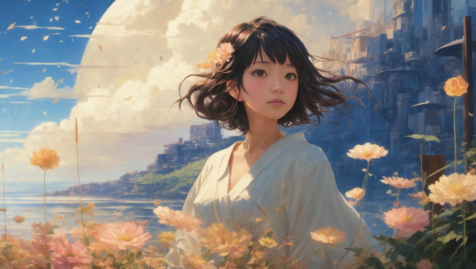 免费照片一幅画，画中一个头发上插着鲜花的女孩站在一栋建筑旁，背后是大海