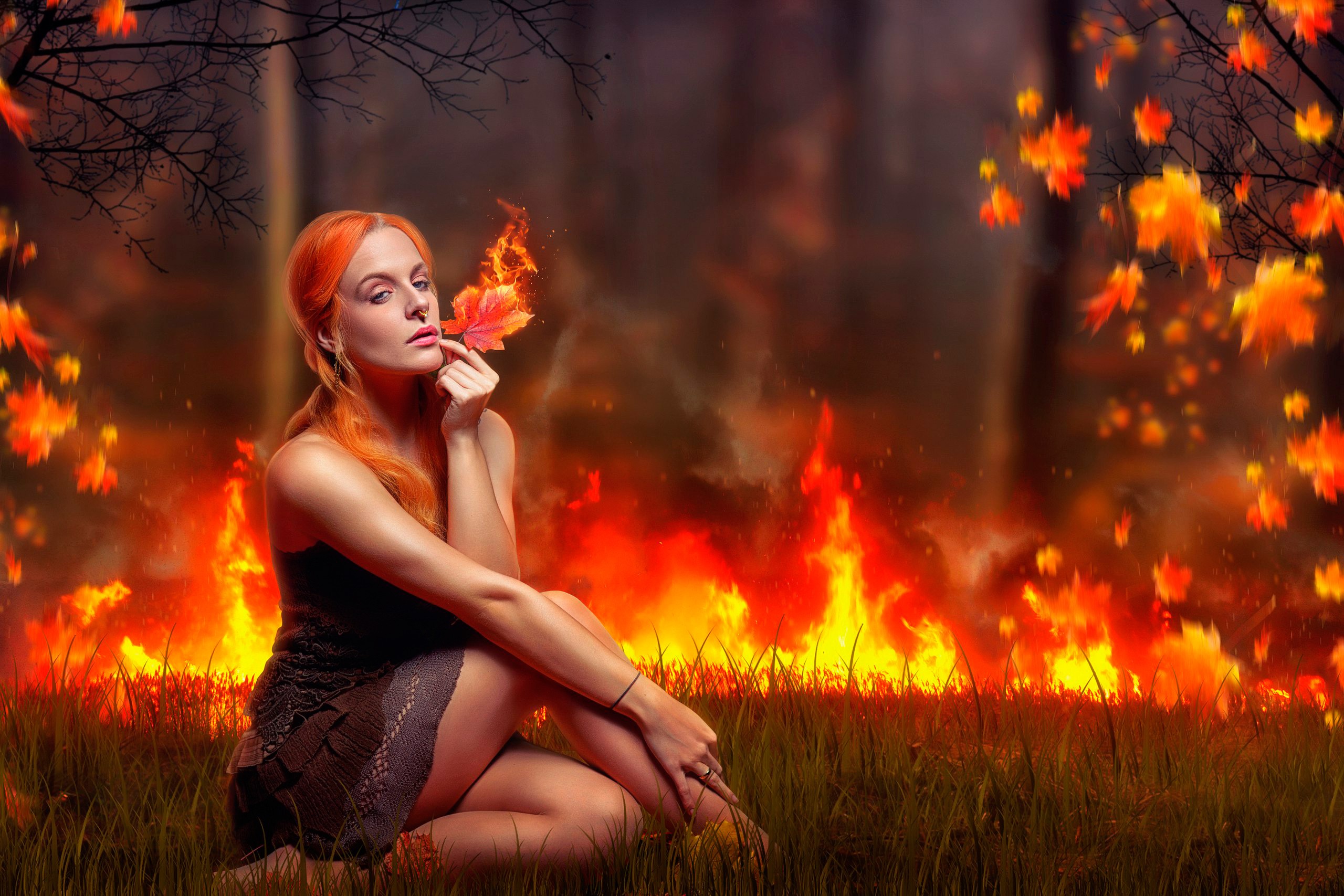 Рендеринг картинка девушка сидит на горящей лужайке
