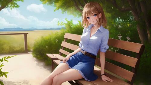 Drawing of a brown-haired girl sitting on a bench under a tree