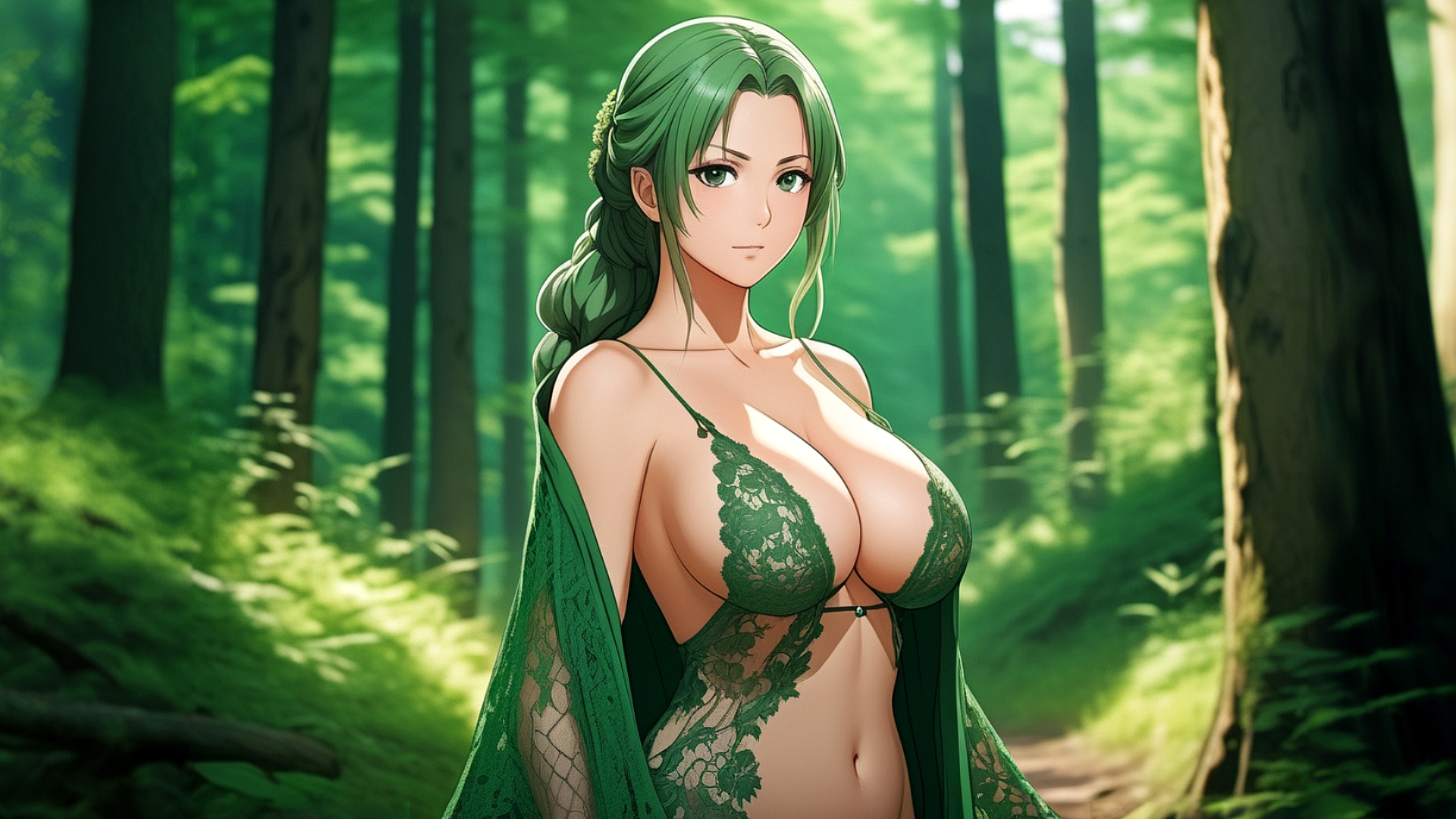 Девушка в зеленом нижнем белье в лесу