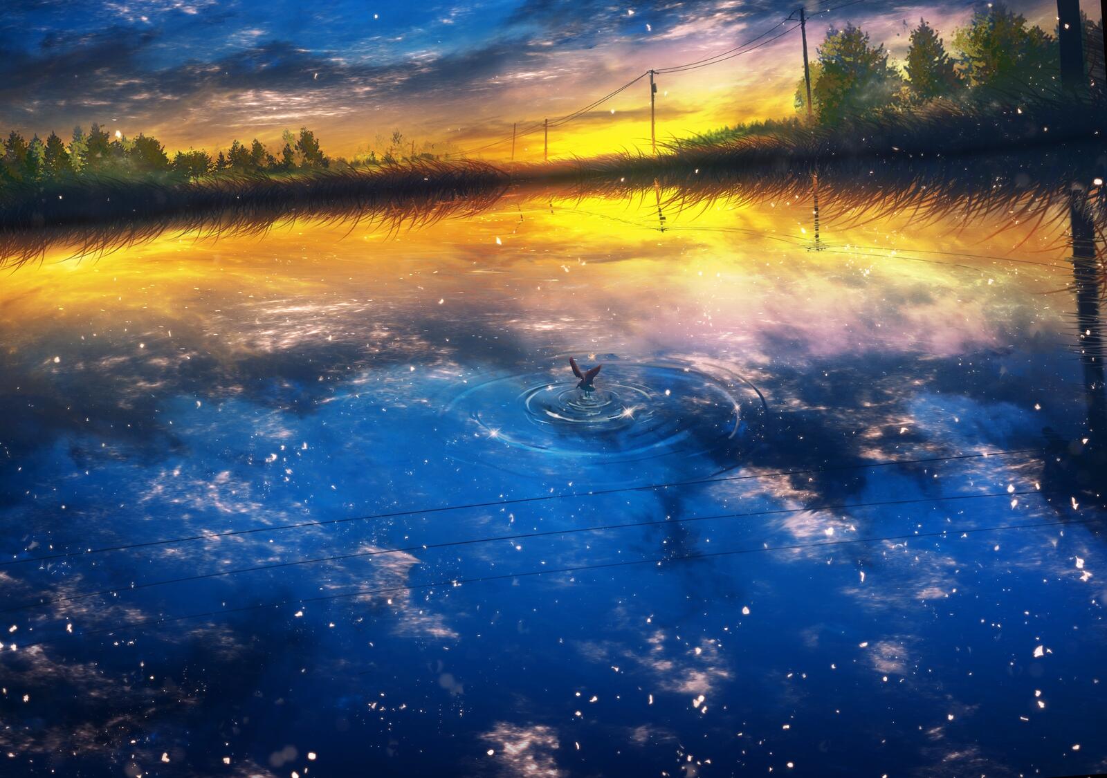 Бесплатное фото Аниме озеро на закате