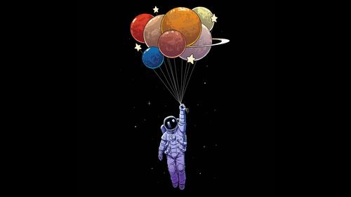 Астронавт летит на воздушных шариках