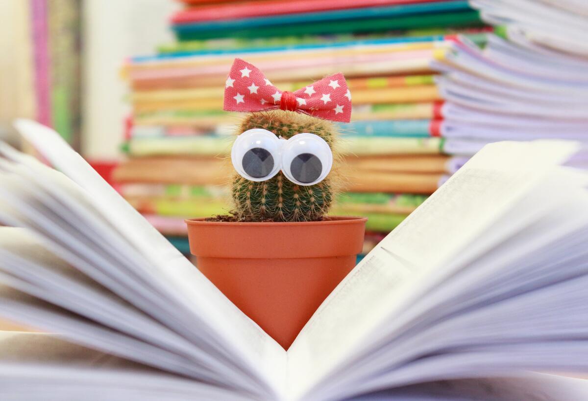 Cute cactus girl reading a book