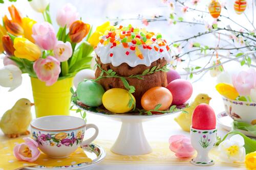 Kulich with colored eggs