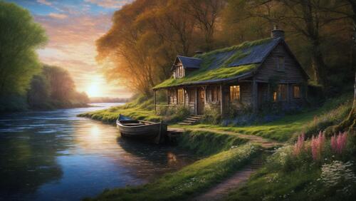 A painting of a boat at the edge of a river with a hut on the shore, on which is a sunlit lake