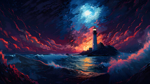 Рисунок красками ночного маяка на острове в океане с Луной
