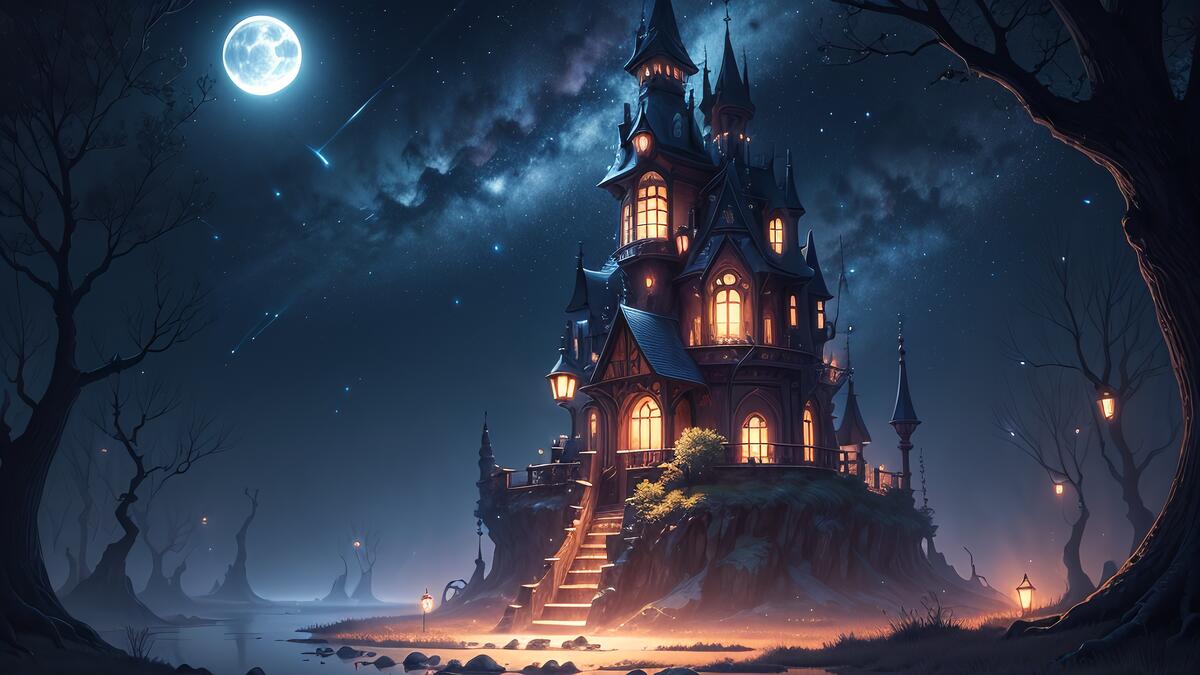 A fairy tale castle at night under the light of the moon