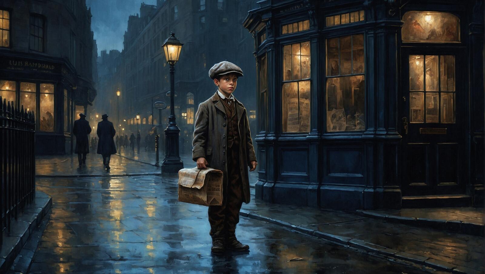 Free photo A boy standing on a wet street in a nighttime city with a suitcase