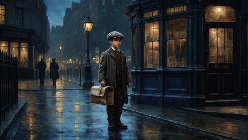 A boy standing on a wet street in a nighttime city with a suitcase