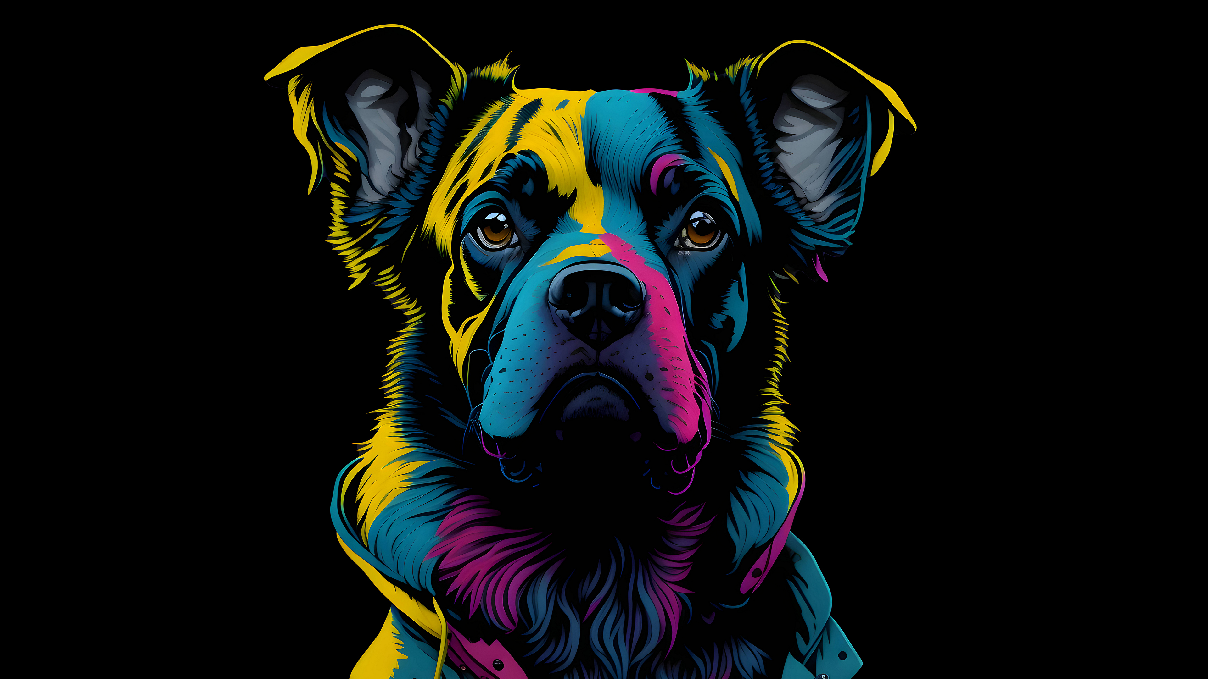 这只狗是用多种颜色的颜料画在黑色背景上的