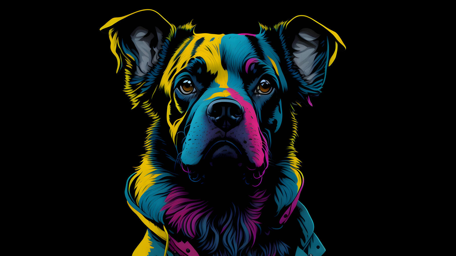 Free photo The dog is drawn with multicolored paints on a black background