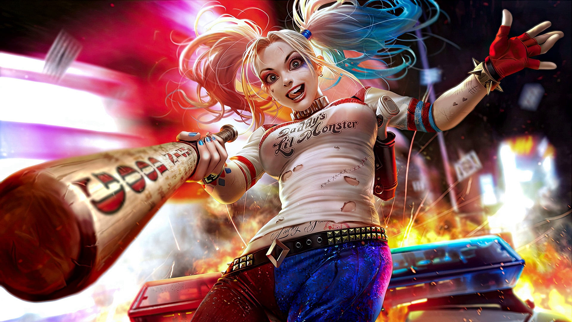 Harley Quinn с битой на цветном фоне