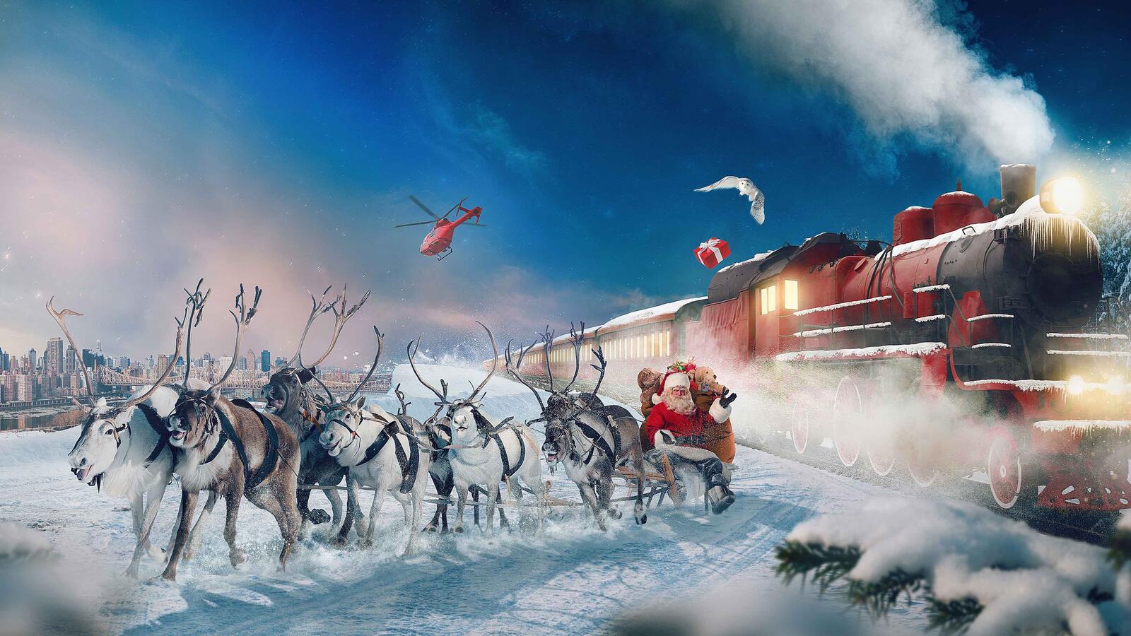 Wallpapers new year grandfather frost deer on the desktop