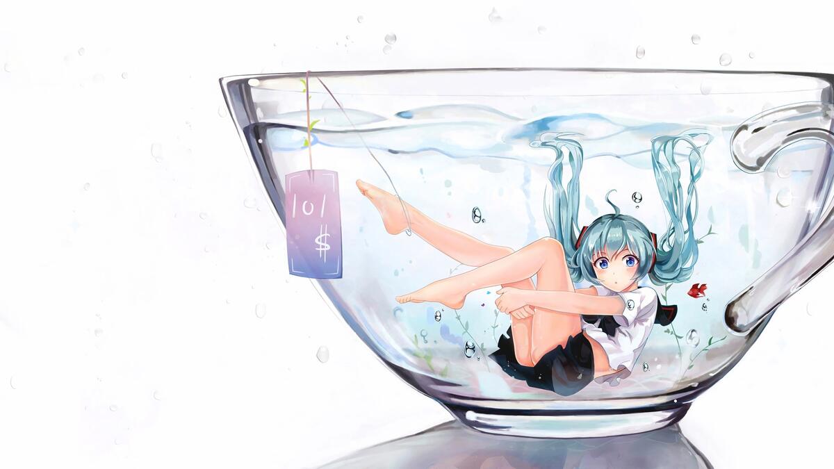 Wallpaper with an anime girl in a bowl of water