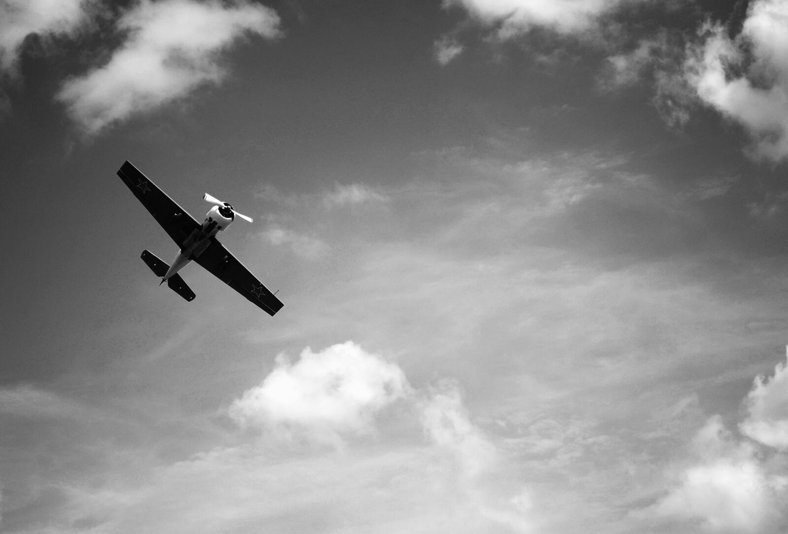 Бесплатное фото Одинокий самолет в небе на монохромной картинке