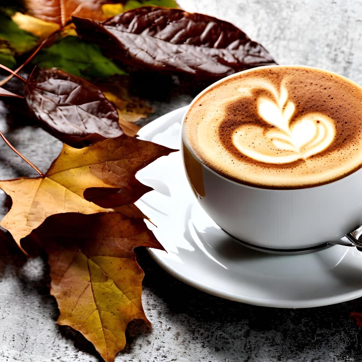 Чашка кофе рядом с осенними листьями